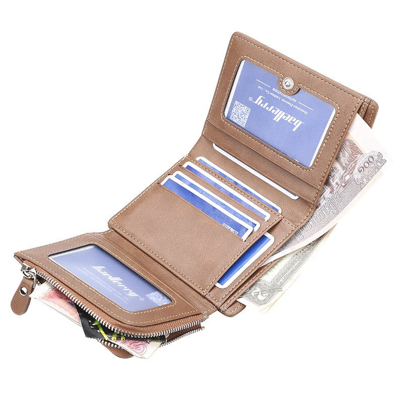 Men’s Tri Fold Leather Wallet with Zipper And Card Slots