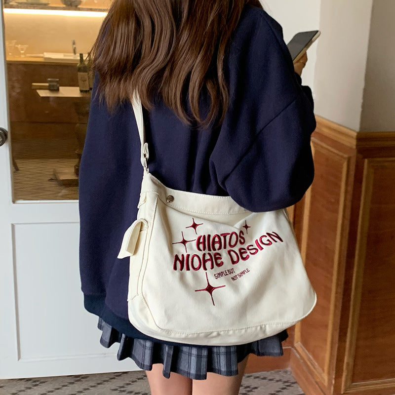 Embroidered Nylon Canvas Student Shoulder Messenger Bag