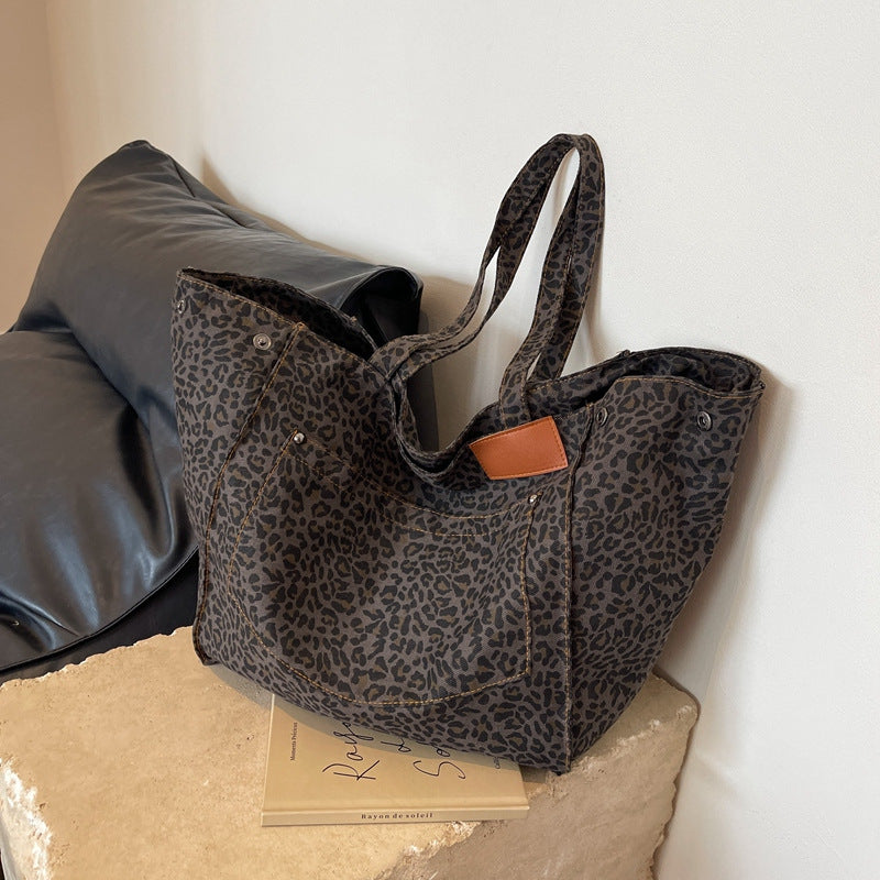 Retro Leopard Print Canvas Large Casual Tote Bag