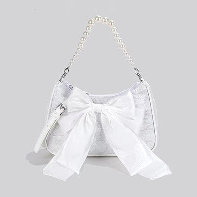 Bow Shoulder Canvas Bag with Pearl Strap Design