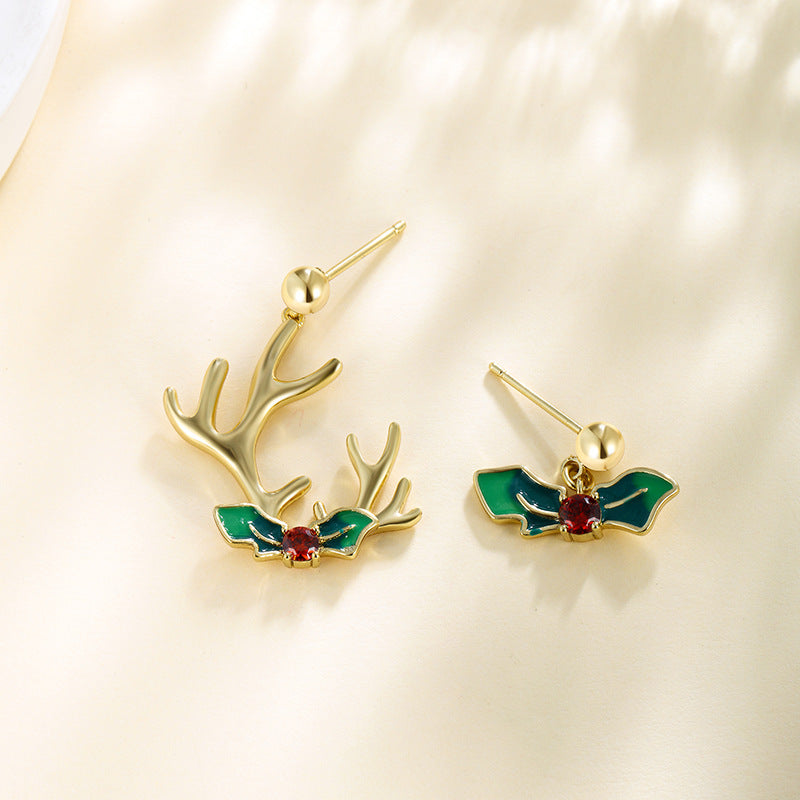 Asymmetric Green Bowknot Reindeer Earrings