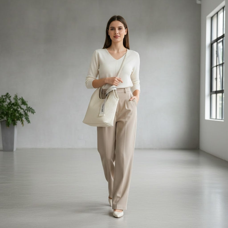 Chic Ribbed Shoulder Bag with Logo Ribbon