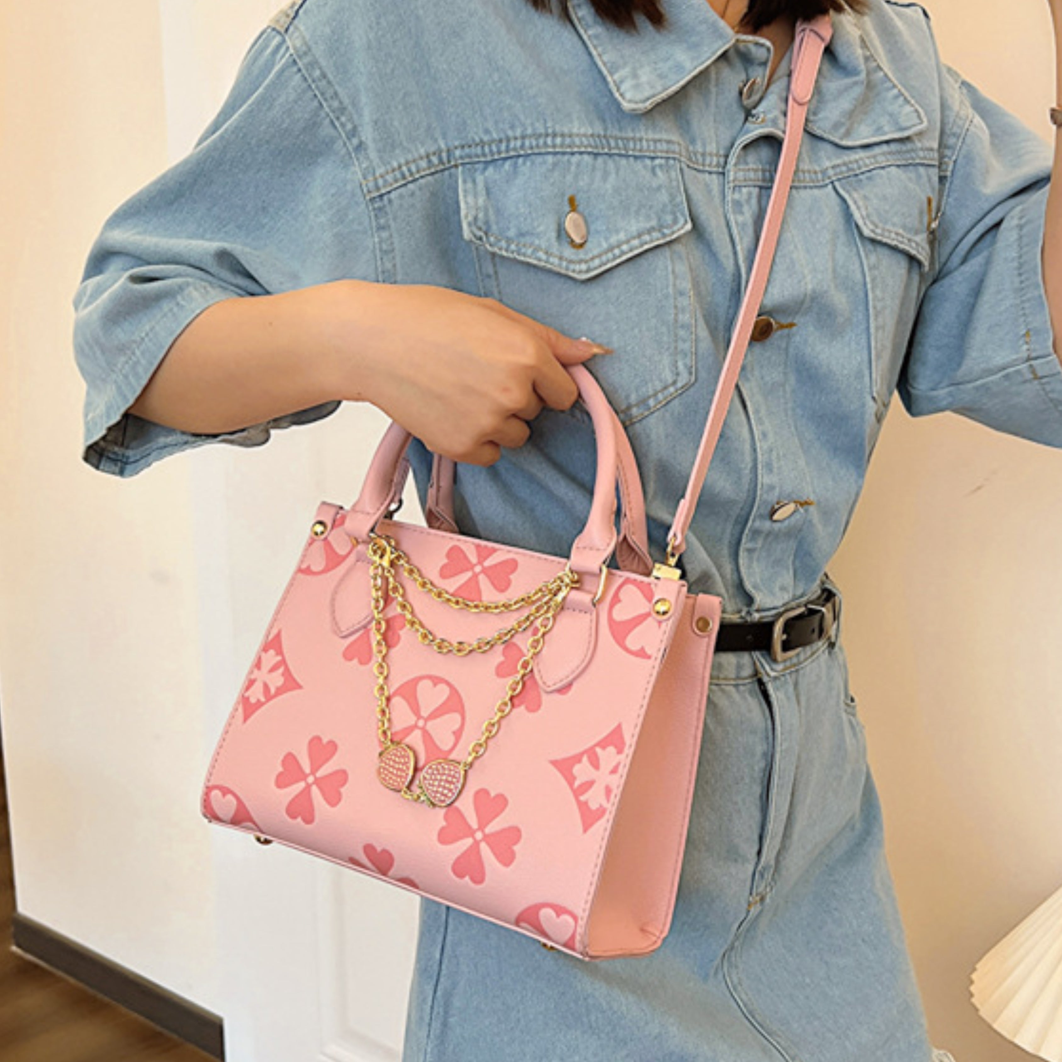 Retro Chain Print PVC Small Square Shoulder Tote