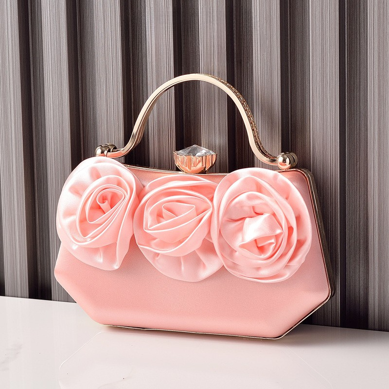 Rose Bloom Satin Top-Handle Clutch