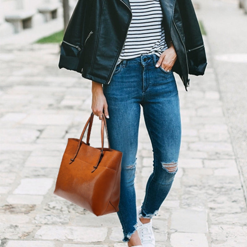 Women's Sophisticated Glossy Leather Look Tote Bag