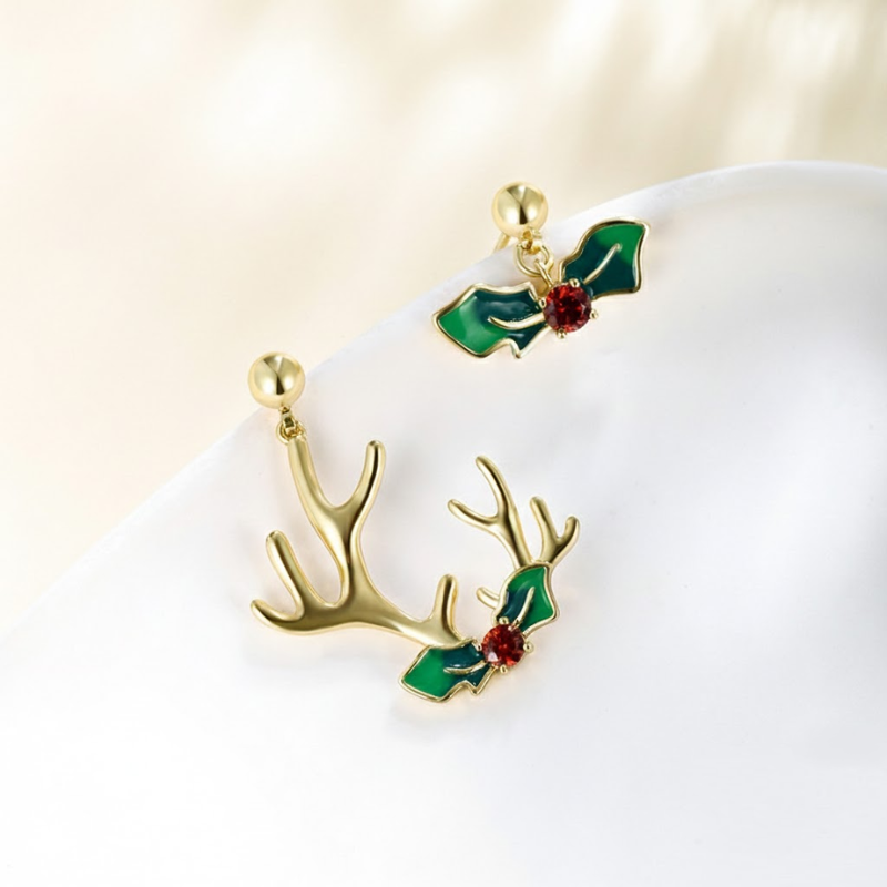 Asymmetric Green Bowknot Reindeer Earrings