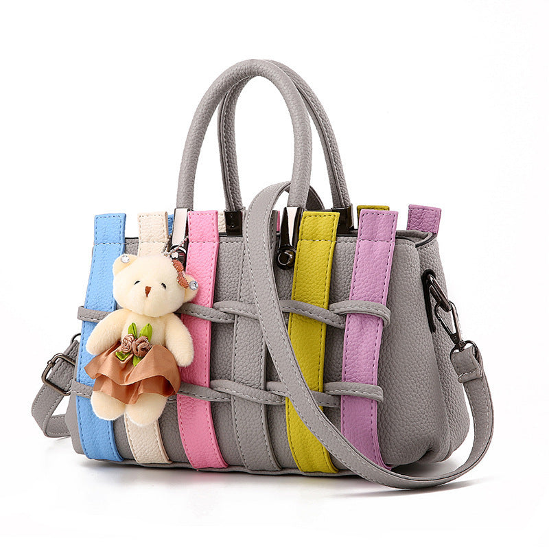 Chic Woven Handbag With Cute Bear Pendant