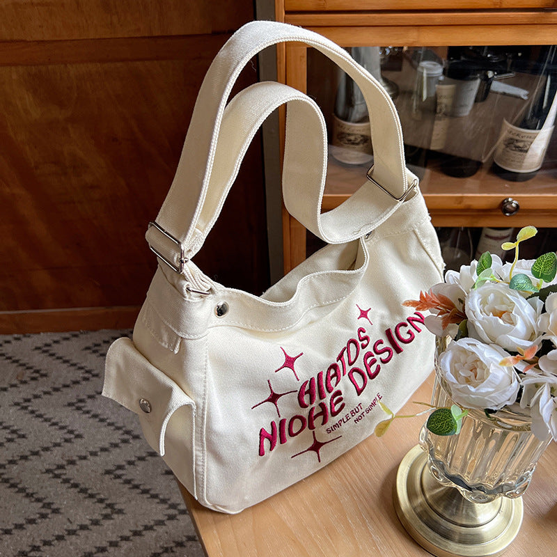 Embroidered Nylon Canvas Student Shoulder Messenger Bag