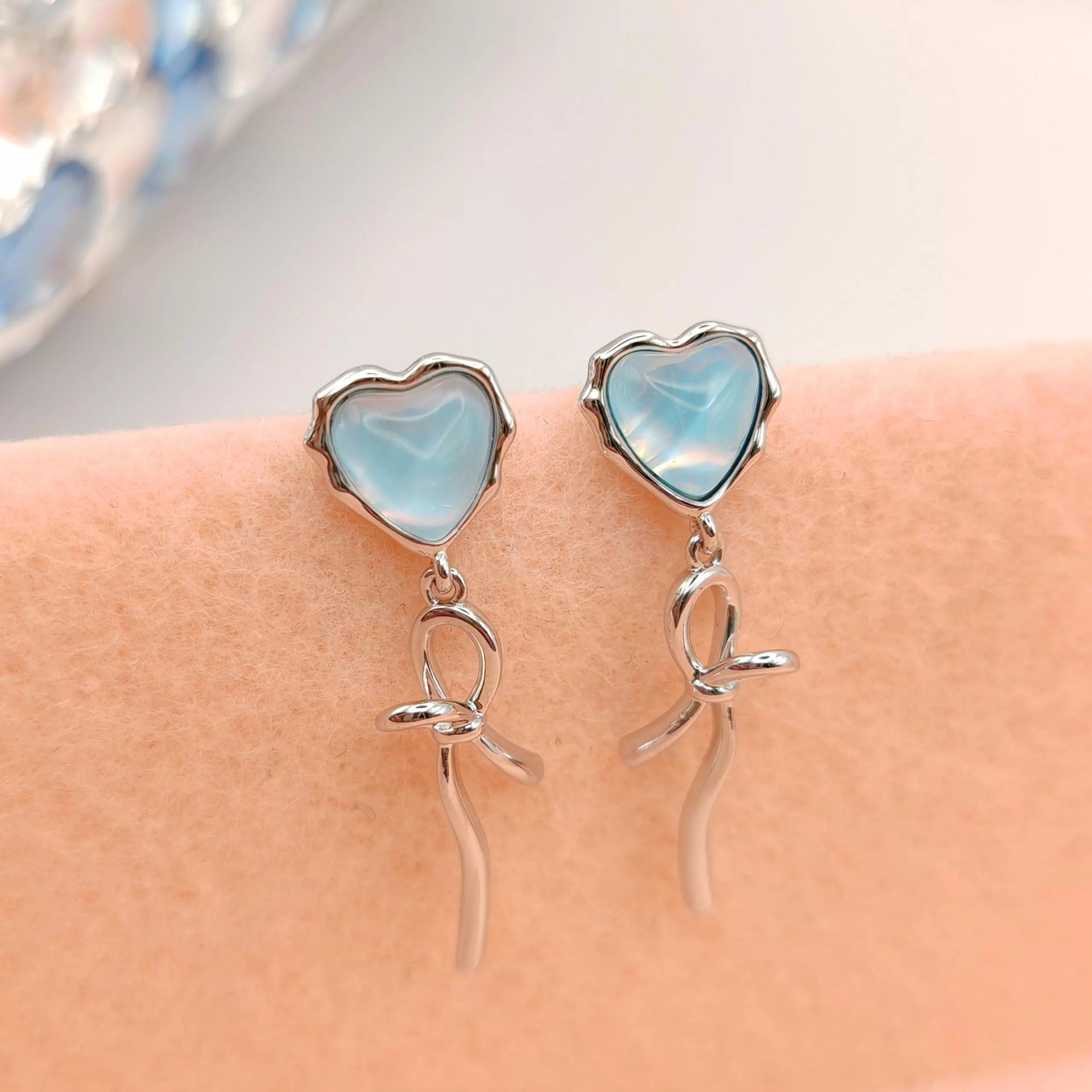 White Mocha Stone Heart Bow Ribbon Earrings