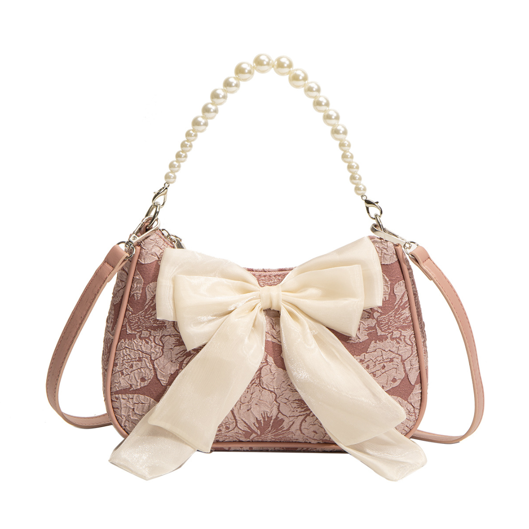 Bow Shoulder Canvas Bag with Pearl Strap Design