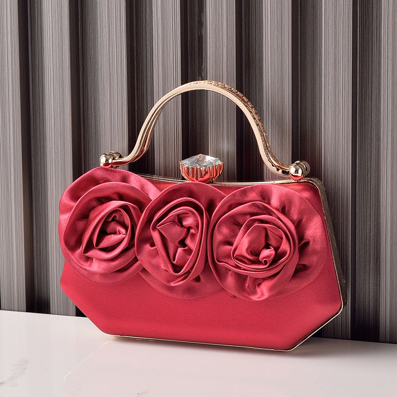 Rose Bloom Satin Top-Handle Clutch