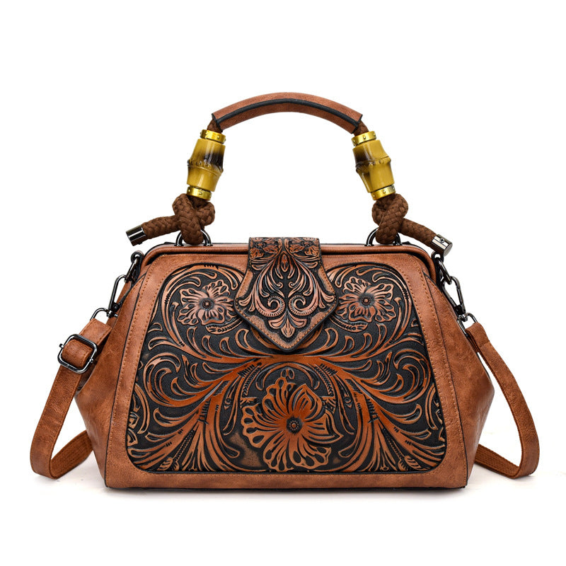 Color Block Wooden Handle Handbag