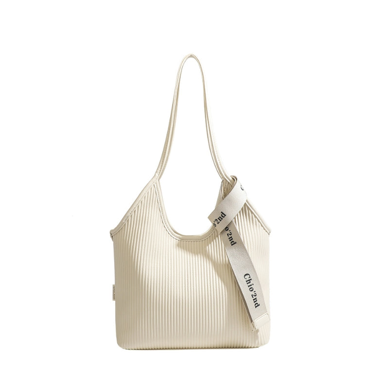 Chic Ribbed Shoulder Bag with Logo Ribbon