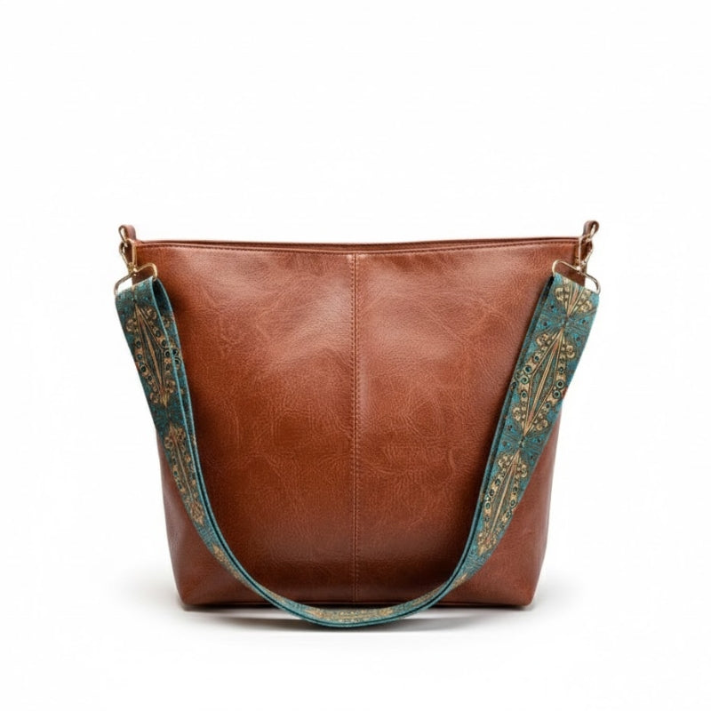 Women's Textured Leather Shoulder Bag with Patterned Strap