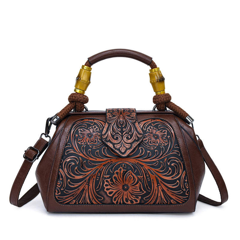 Color Block Wooden Handle Handbag
