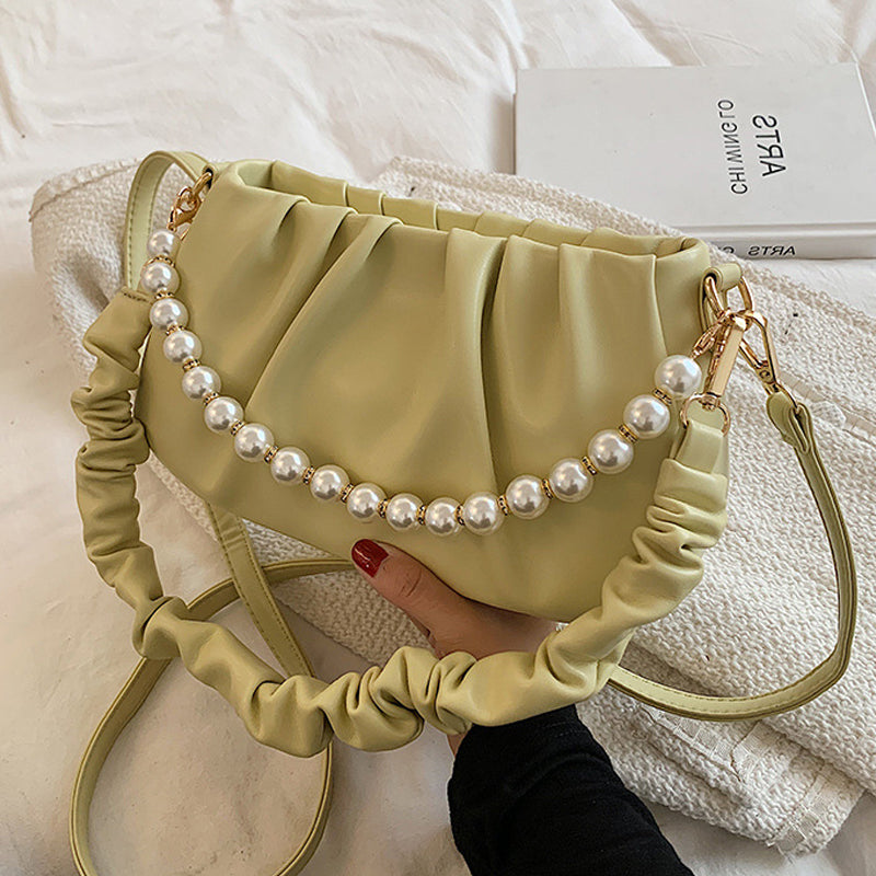 Wrinkled  Cloud Bag with Pearl Chain Shoulder Strap