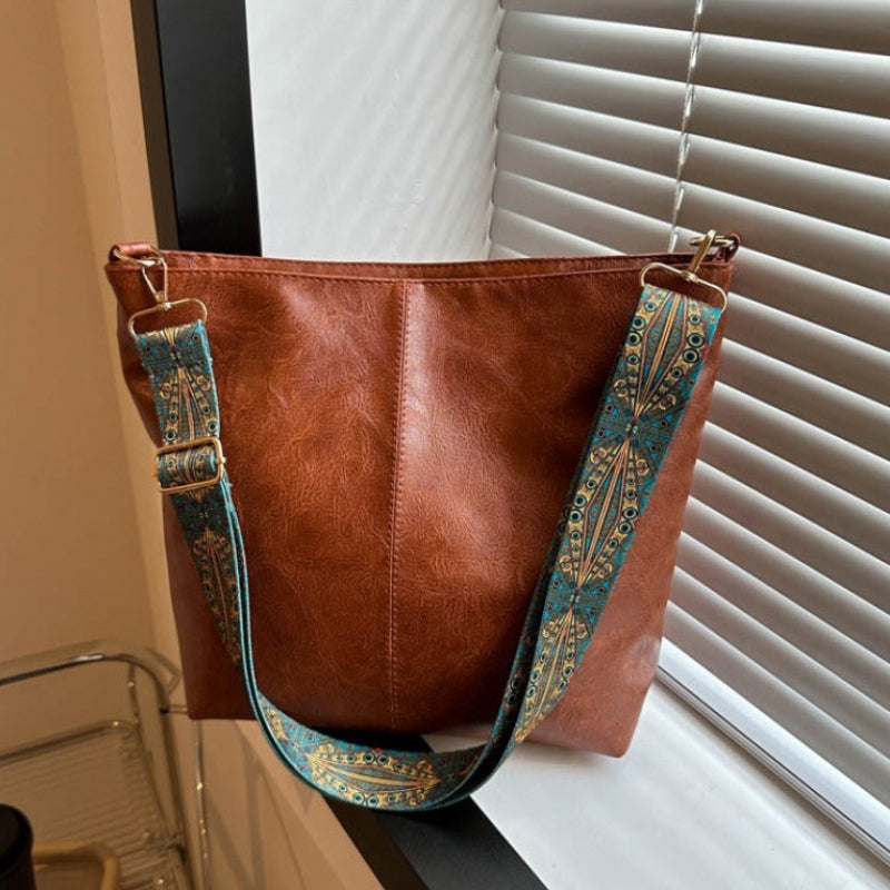 Women's Textured Leather Shoulder Bag with Patterned Strap