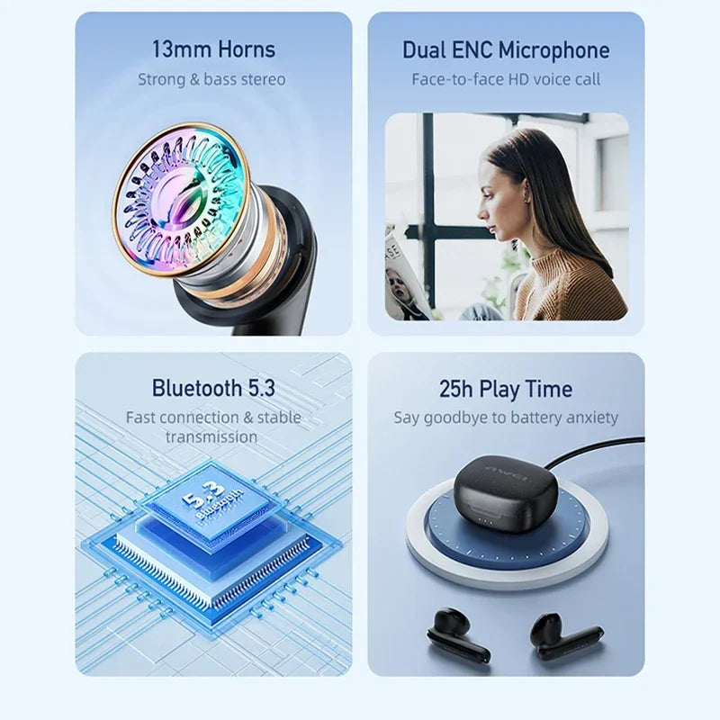 Dual Mic ENC Wireless Bluetooth Earbuds