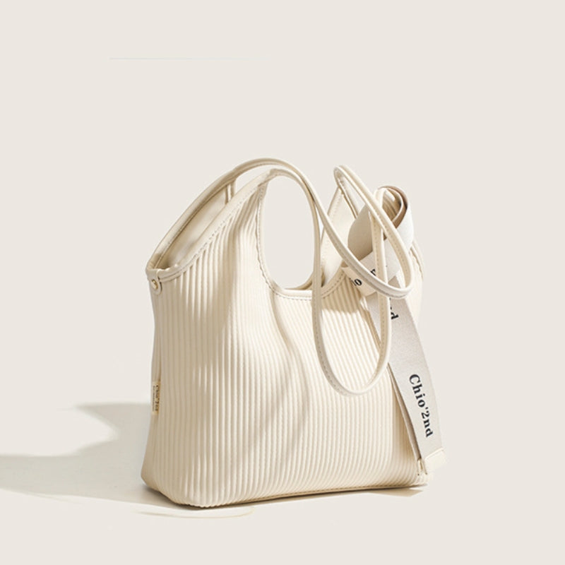 Chic Ribbed Shoulder Bag with Logo Ribbon
