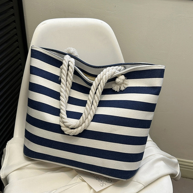 Women's Classic Striped Canvas Rope Handle Tote Bag