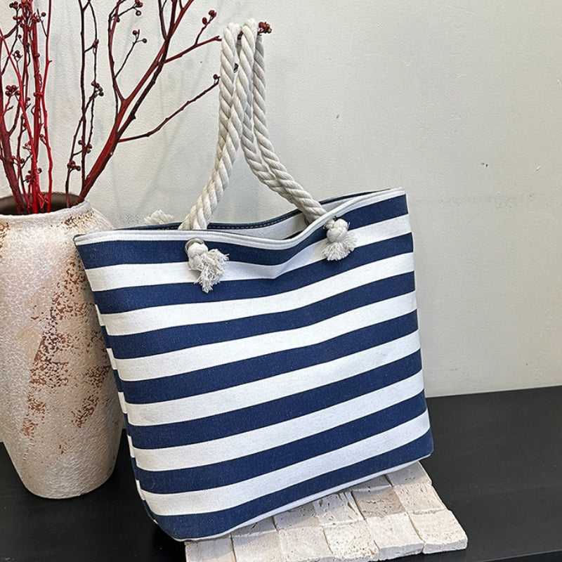 Women's Classic Striped Canvas Rope Handle Tote Bag