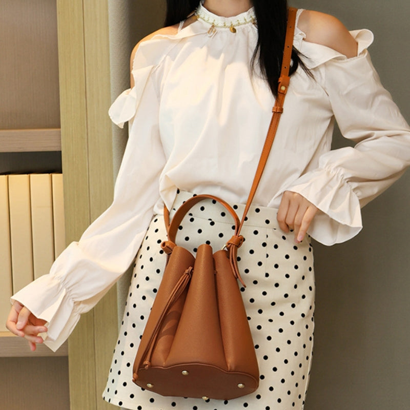 Women's Sculpted Pebbled Leather Look Bucket Bag