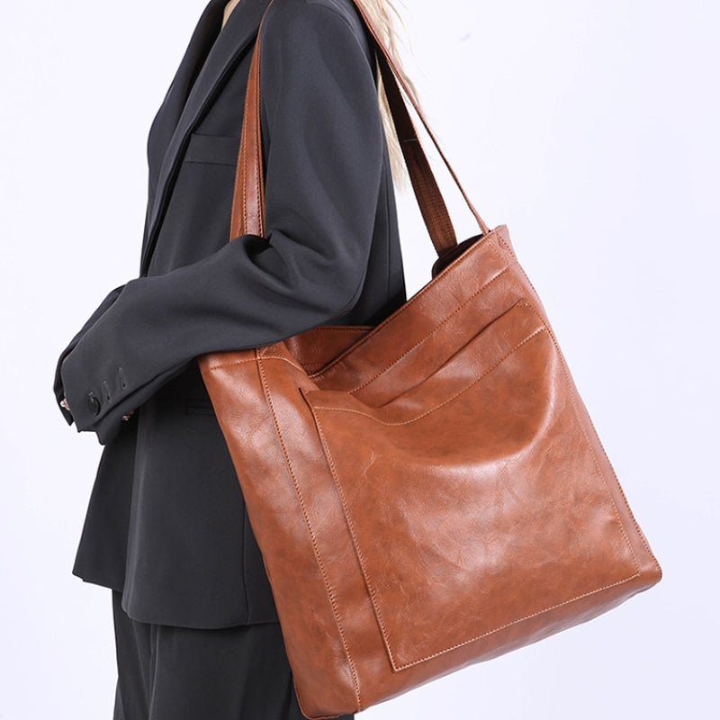 Women's Sculpted Leather Tote with Front Pocket