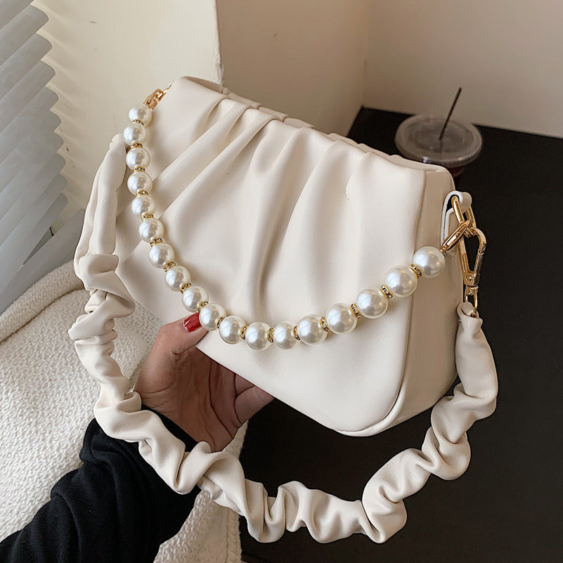 Wrinkled  Cloud Bag with Pearl Chain Shoulder Strap
