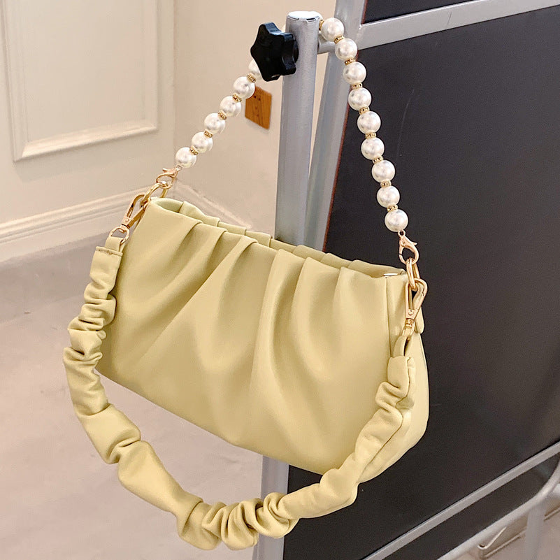 Wrinkled  Cloud Bag with Pearl Chain Shoulder Strap