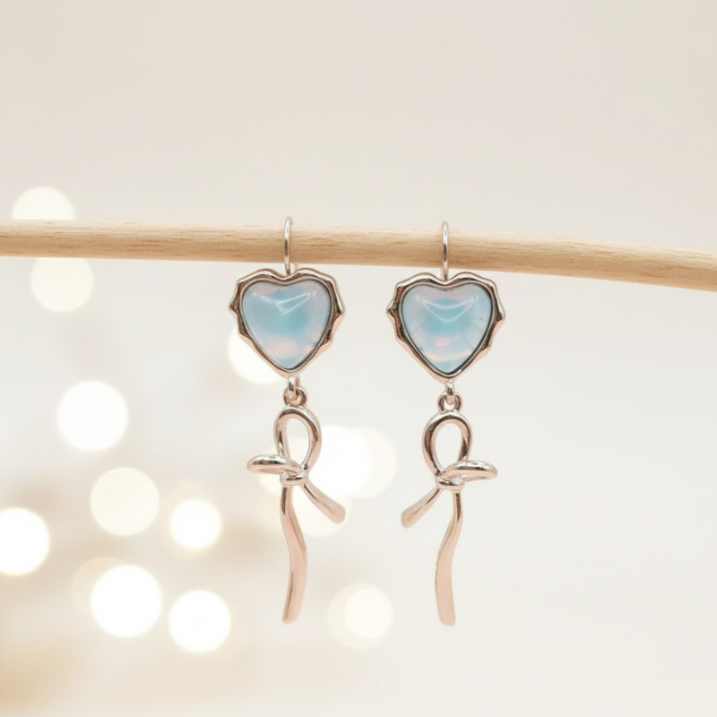 White Mocha Stone Heart Bow Ribbon Earrings