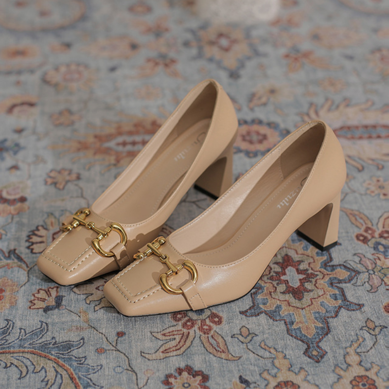 French Retro Square Toe Chunky Heel Pumps