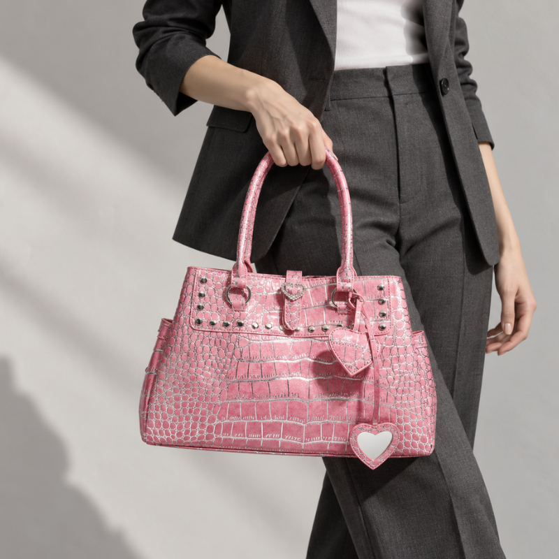 Roselle Studded Croc-Texture Handbag