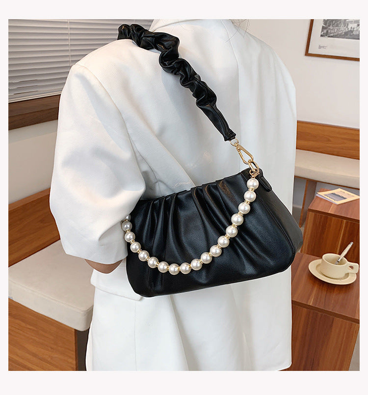 Wrinkled  Cloud Bag with Pearl Chain Shoulder Strap