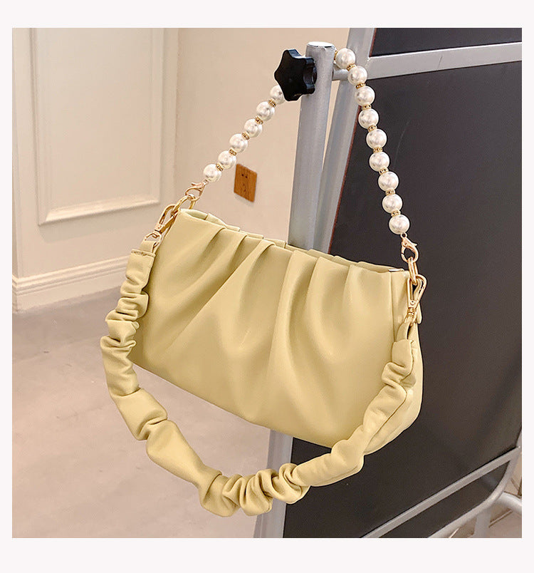 Wrinkled  Cloud Bag with Pearl Chain Shoulder Strap