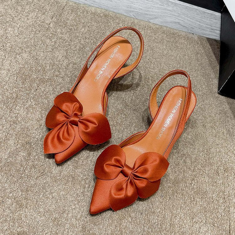 Satin Bow Flower Closed-Toe Stiletto Heels
